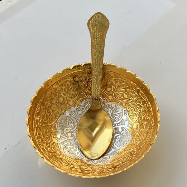 Gold Plated Nakshi Bowl & Spoon H in Velvet Box: SP0017H