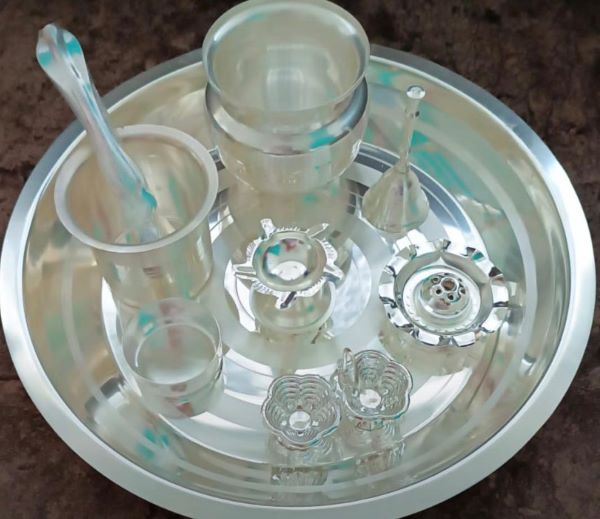 Silver Plated Pooja Set with 9 inches Thali plus 8 items: SP0017J