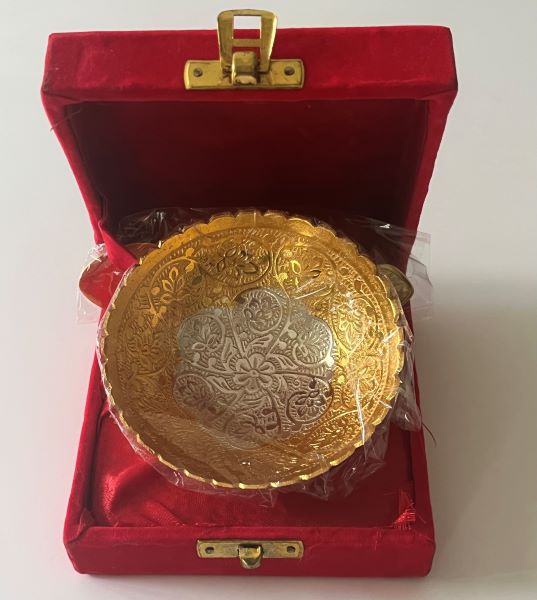 Gold Plated Nakshi Bowl & Spoon H in Velvet Box: SP0017H