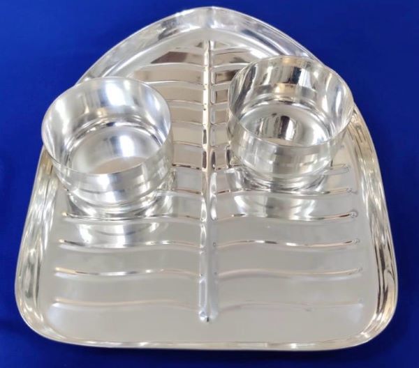 Silver Plated 11 inch Banana Leaf with two Bowls for Naivedyam: SP0017S