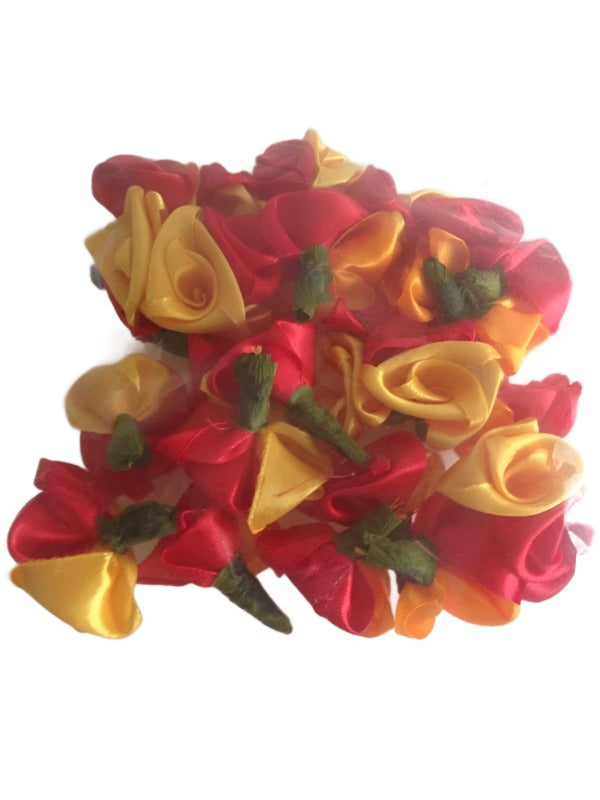 Haldi kumkum in decorative satin flowers